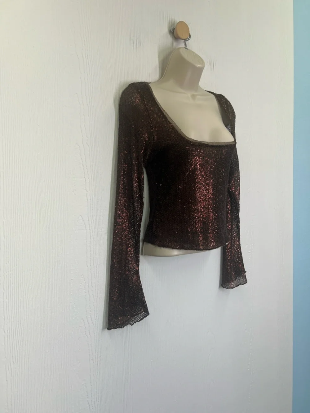 Free People - Late Night Disco Sequins Long Sleeve Fudge Brown Blouse Size Small